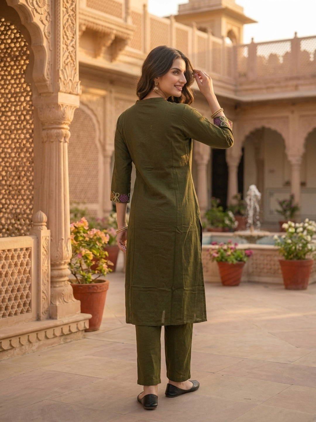 Olive Green Solid Cotton A-Line Co-ord Set with Floral Embroidery, Mandarin Collar & Palazzo