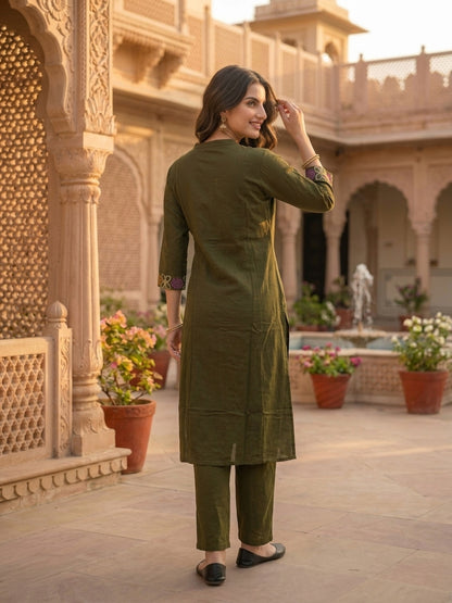 Olive Green Solid Cotton A-Line Co-ord Set with Floral Embroidery, Mandarin Collar & Palazzo