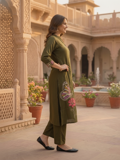 Olive Green Solid Cotton A-Line Co-ord Set with Floral Embroidery, Mandarin Collar & Palazzo