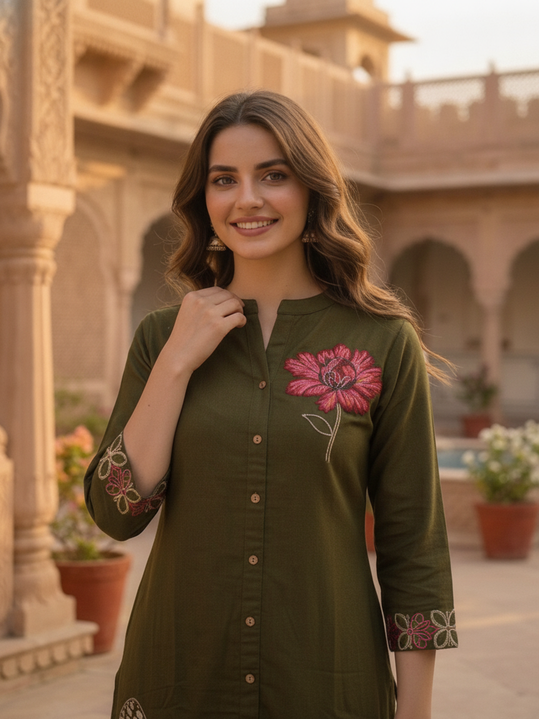 Olive Green Solid Cotton A-Line Co-ord Set with Floral Embroidery, Mandarin Collar & Palazzo