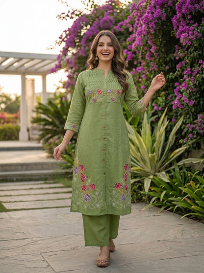 Pista Green Solid Cotton A-Line Co-ord Set with Floral Embroidery, Mandarin Collar & Palazzo