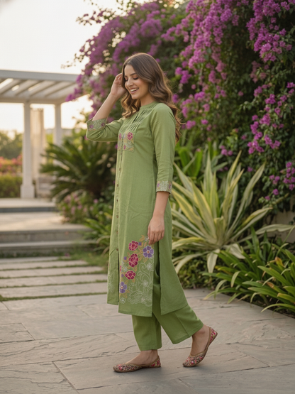 Pista Green Solid Cotton A-Line Co-ord Set with Floral Embroidery, Mandarin Collar & Palazzo