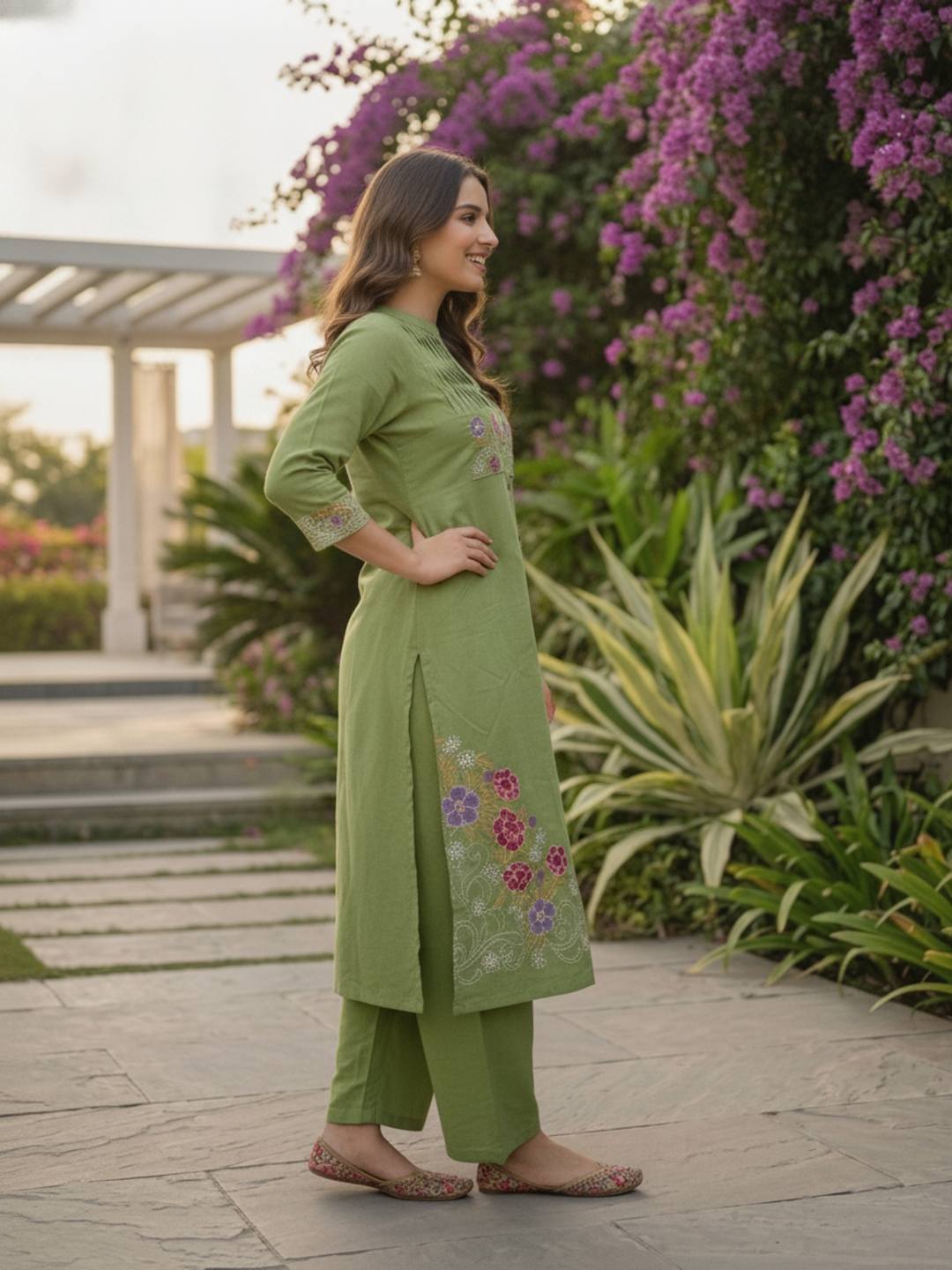 Pista Green Solid Cotton A-Line Co-ord Set with Floral Embroidery, Mandarin Collar & Palazzo