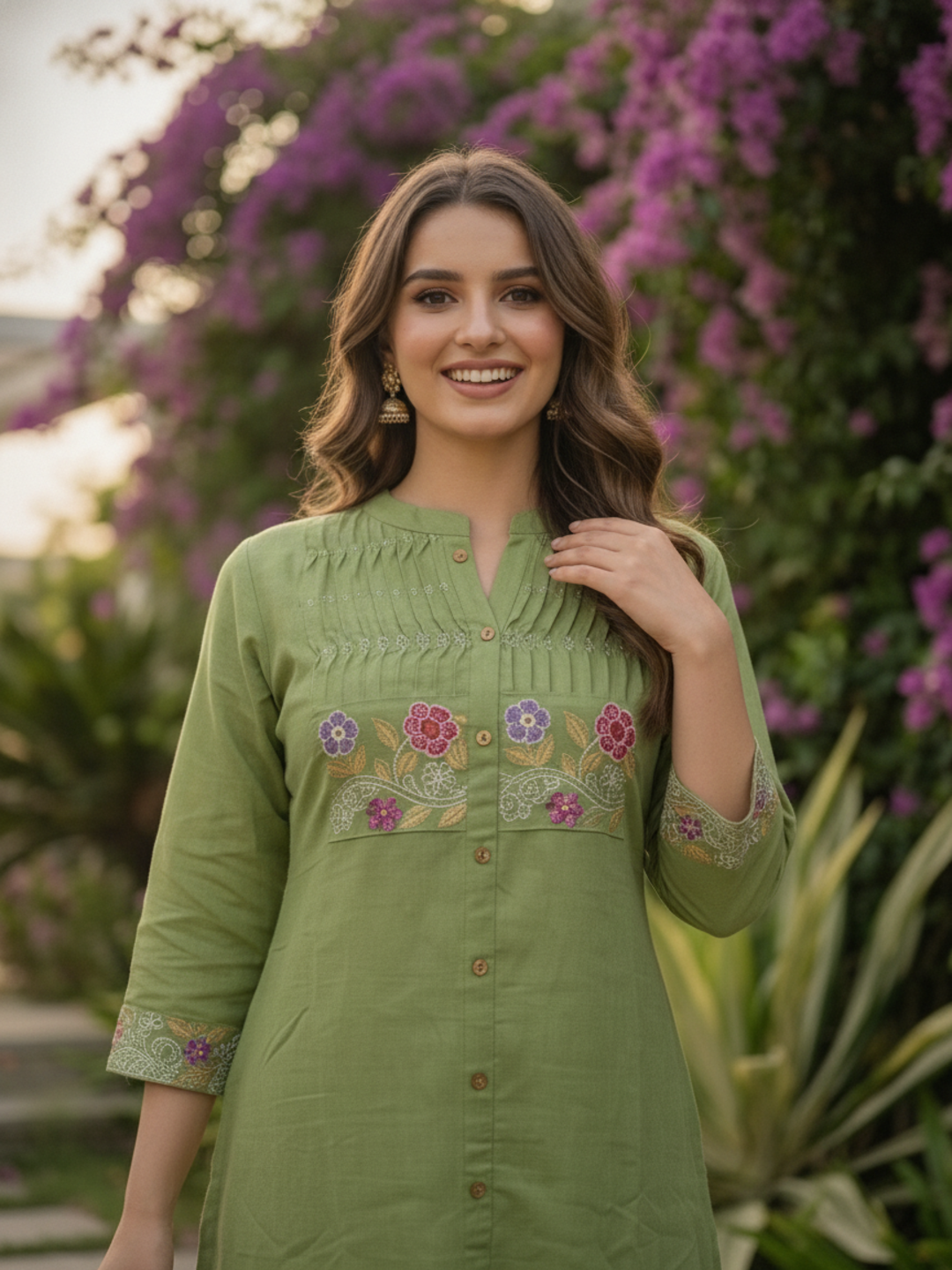 Pista Green Solid Cotton A-Line Co-ord Set with Floral Embroidery, Mandarin Collar & Palazzo