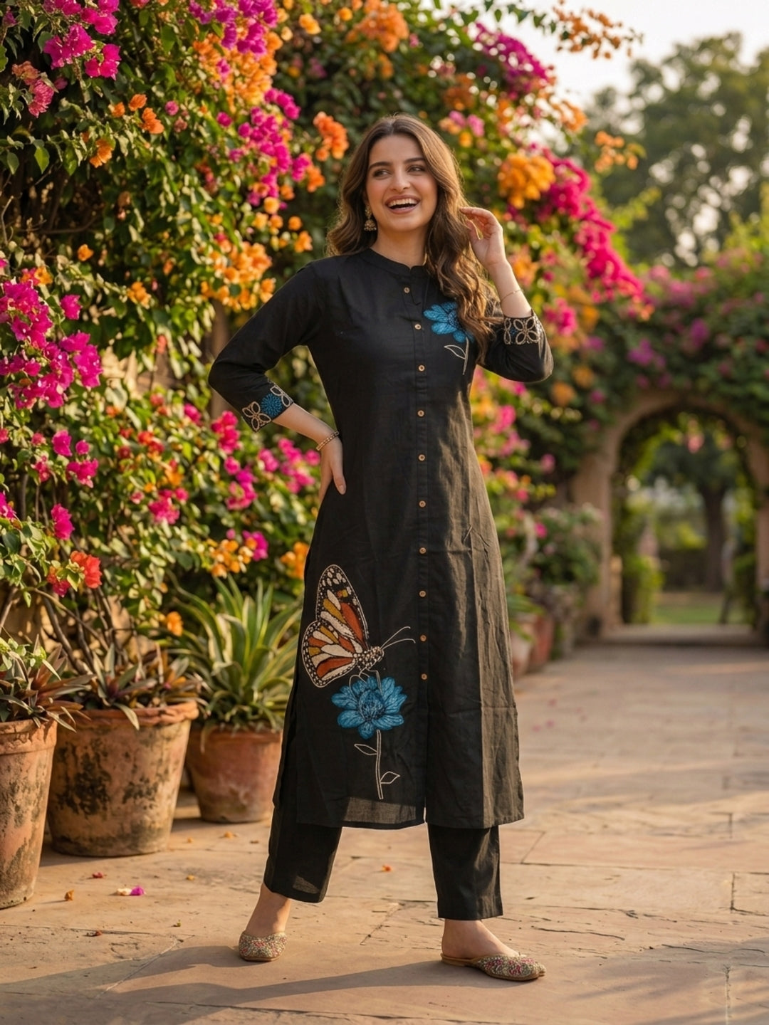 Charcoal Black Solid Cotton A-Line Co-ord Set with Floral Embroidery, Mandarin Collar & Palazzo