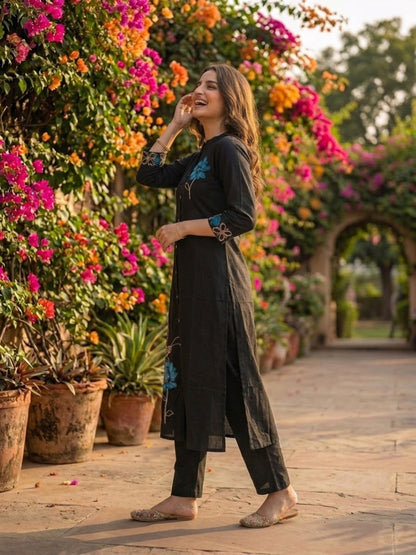 Charcoal Black Solid Cotton A-Line Co-ord Set with Floral Embroidery, Mandarin Collar & Palazzo