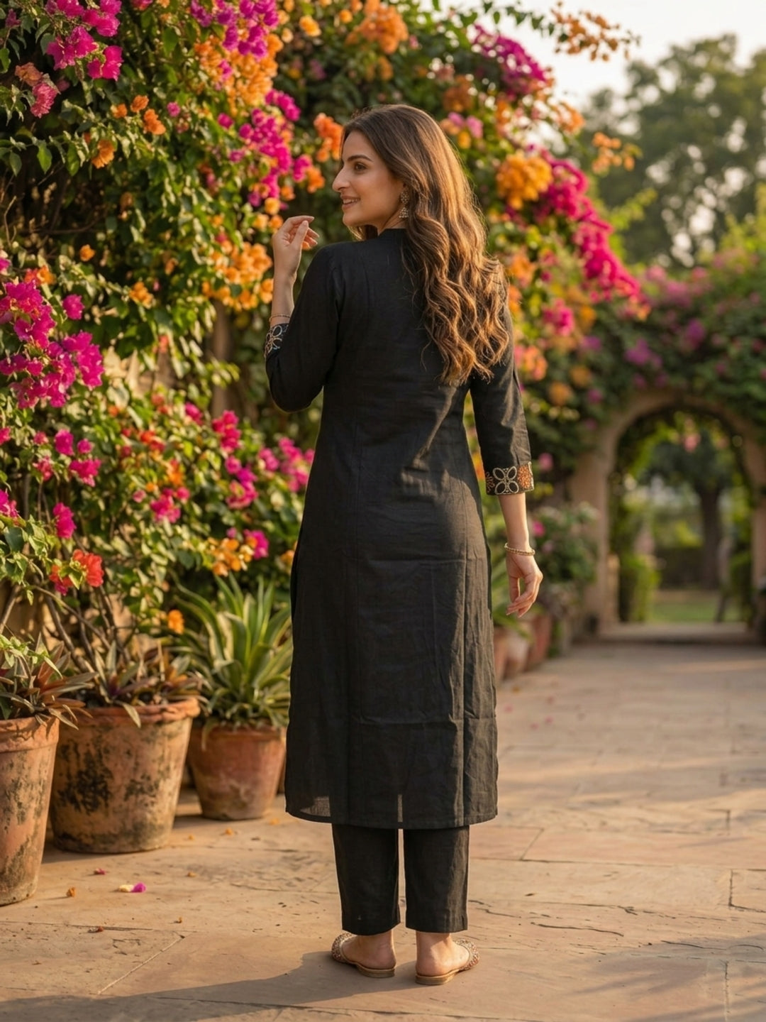 Charcoal Black Solid Cotton A-Line Co-ord Set with Floral Embroidery, Mandarin Collar & Palazzo