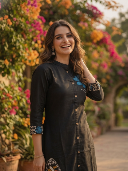 Charcoal Black Solid Cotton A-Line Co-ord Set with Floral Embroidery, Mandarin Collar & Palazzo