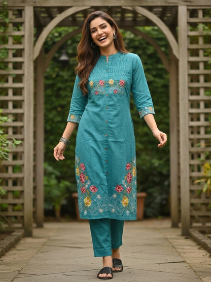 Turquoise Blue Solid Cotton A-Line Co-ord Set with Floral Embroidery, Mandarin Collar & Palazzo