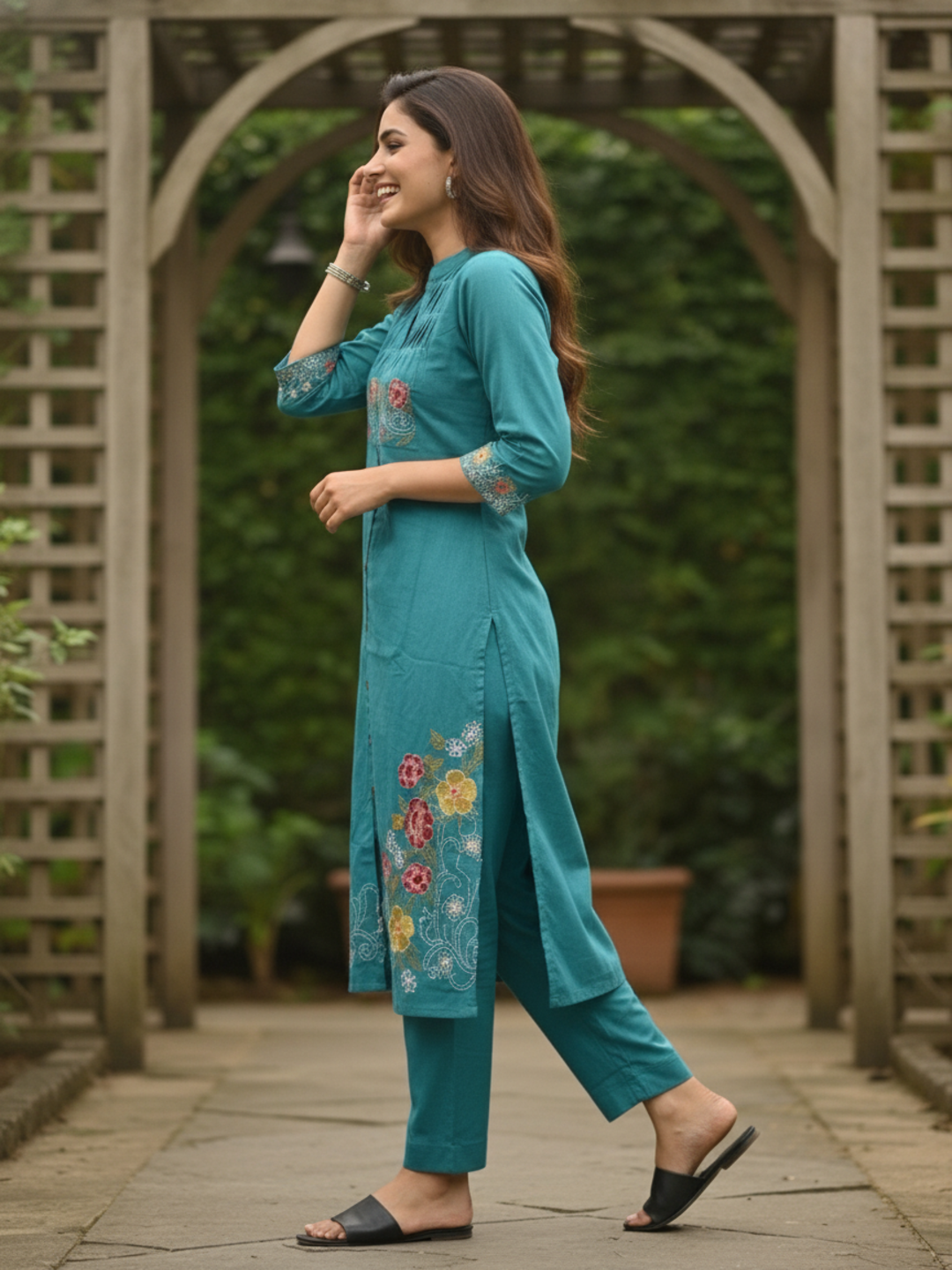 Turquoise Blue Solid Cotton A-Line Co-ord Set with Floral Embroidery, Mandarin Collar & Palazzo