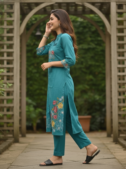 Turquoise Blue Solid Cotton A-Line Co-ord Set with Floral Embroidery, Mandarin Collar & Palazzo