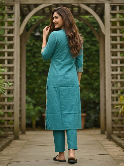 Turquoise Blue Solid Cotton A-Line Co-ord Set with Floral Embroidery, Mandarin Collar & Palazzo