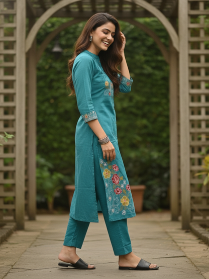 Turquoise Blue Solid Cotton A-Line Co-ord Set with Floral Embroidery, Mandarin Collar & Palazzo