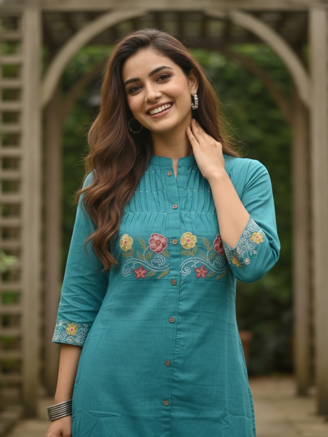 Turquoise Blue Solid Cotton A-Line Co-ord Set with Floral Embroidery, Mandarin Collar & Palazzo