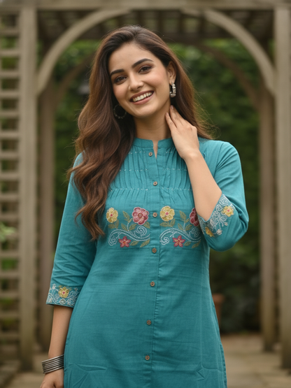 Turquoise Blue Solid Cotton A-Line Co-ord Set with Floral Embroidery, Mandarin Collar & Palazzo