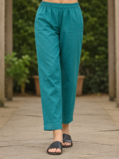 Turquoise Blue Solid Cotton A-Line Co-ord Set with Floral Embroidery, Mandarin Collar & Palazzo