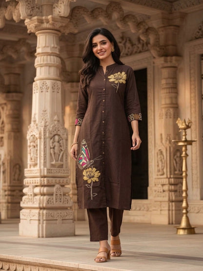 Coffee Brown Solid Cotton A-Line Co-ord Set with Floral Embroidery, Mandarin Collar & Palazzo