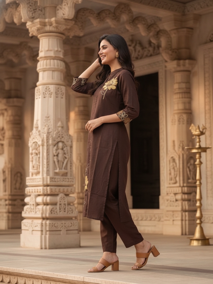 Coffee Brown Solid Cotton A-Line Co-ord Set with Floral Embroidery, Mandarin Collar & Palazzo