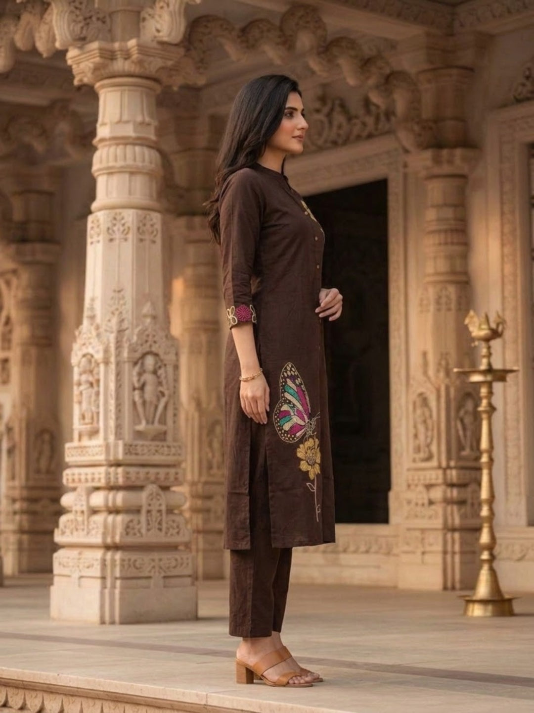 Coffee Brown Solid Cotton A-Line Co-ord Set with Floral Embroidery, Mandarin Collar & Palazzo