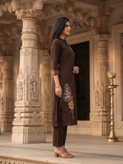 Coffee Brown Solid Cotton A-Line Co-ord Set with Floral Embroidery, Mandarin Collar & Palazzo