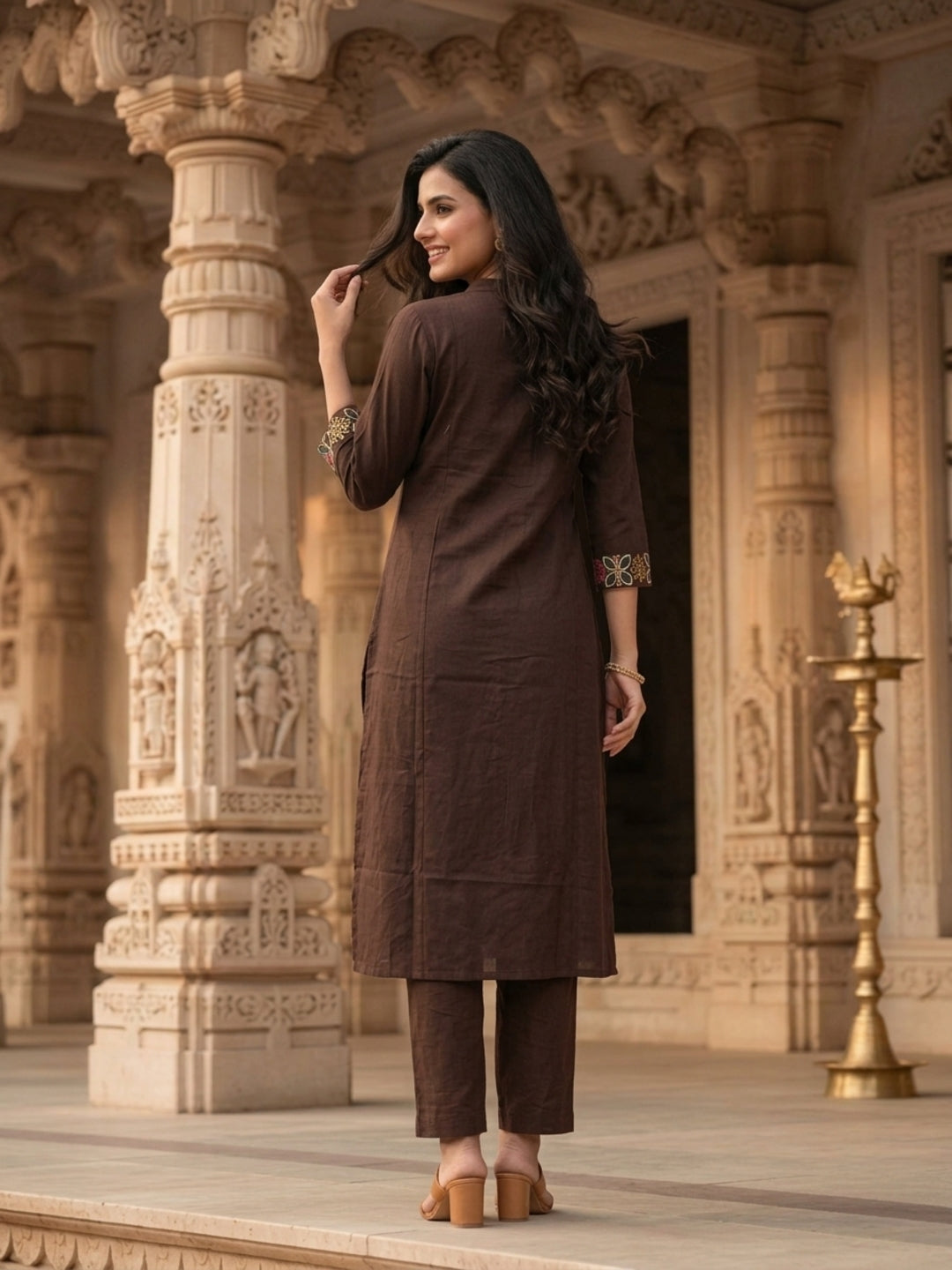 Coffee Brown Solid Cotton A-Line Co-ord Set with Floral Embroidery, Mandarin Collar & Palazzo