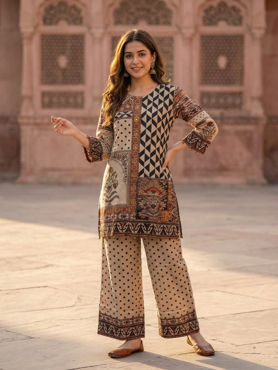 Multi Ethnic Floral Print Modal Silk A-Line Co-ord Set with Sequin Highlights, Round Neck & Cream Silk Blend Palazzo