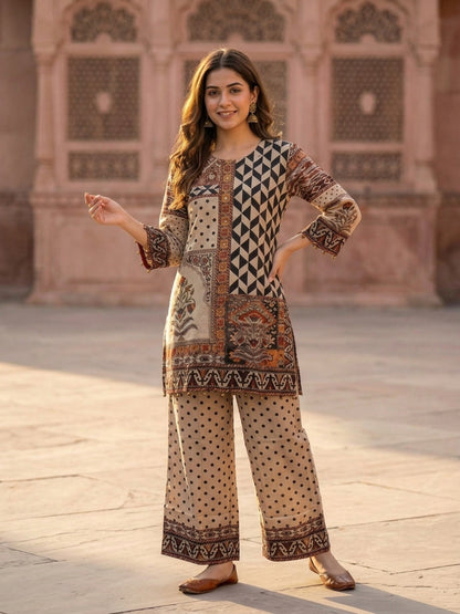 Multi Ethnic Floral Print Modal Silk A-Line Co-ord Set with Sequin Highlights, Round Neck & Cream Silk Blend Palazzo
