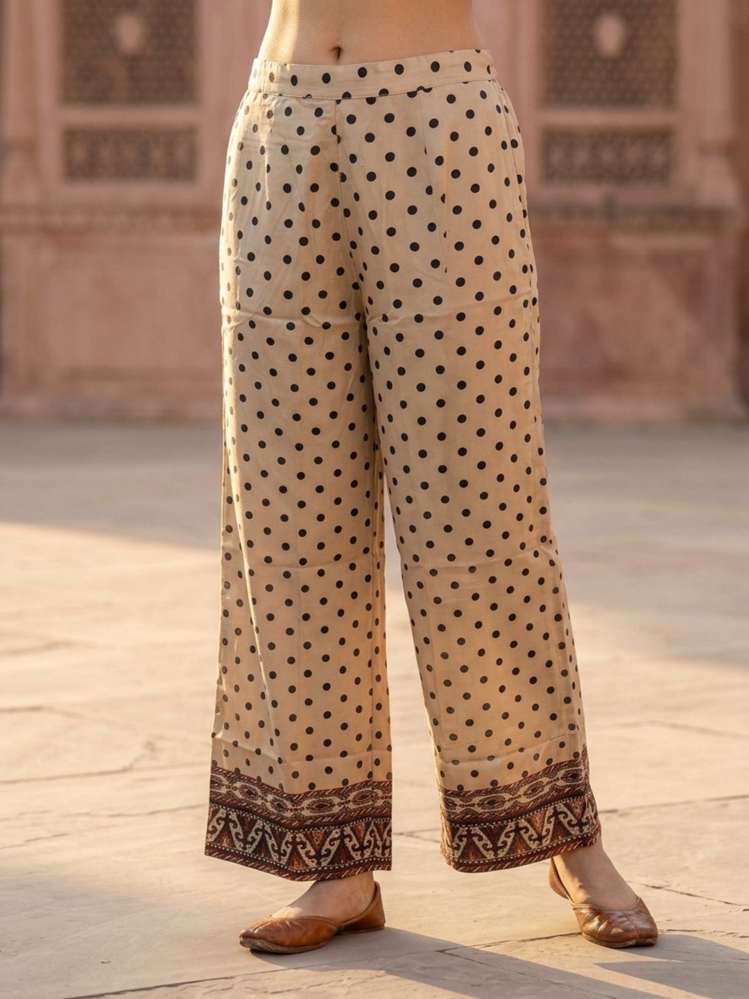 Multi Ethnic Floral Print Modal Silk A-Line Co-ord Set with Sequin Highlights, Round Neck & Cream Silk Blend Palazzo