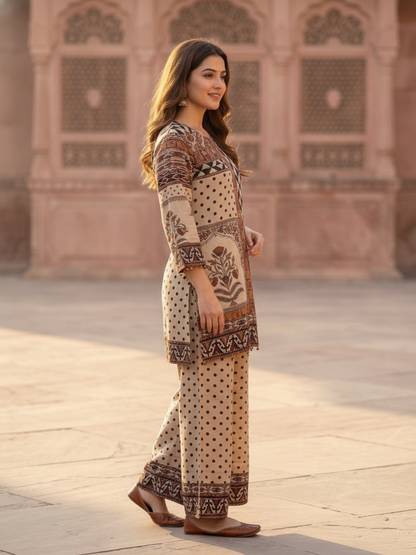 Multi Ethnic Floral Print Modal Silk A-Line Co-ord Set with Sequin Highlights, Round Neck & Cream Silk Blend Palazzo