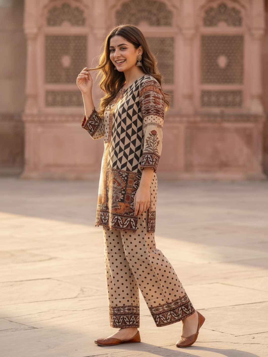 Multi Ethnic Floral Print Modal Silk A-Line Co-ord Set with Sequin Highlights, Round Neck & Cream Silk Blend Palazzo