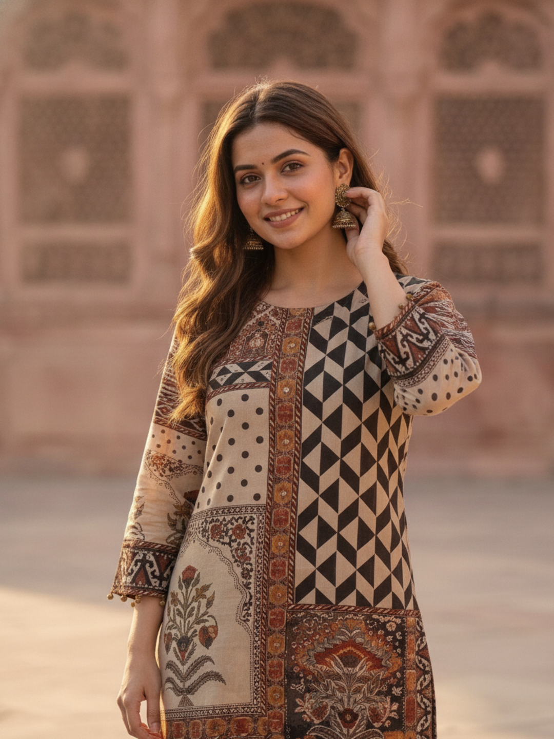 Multi Ethnic Floral Print Modal Silk A-Line Co-ord Set with Sequin Highlights, Round Neck & Cream Silk Blend Palazzo