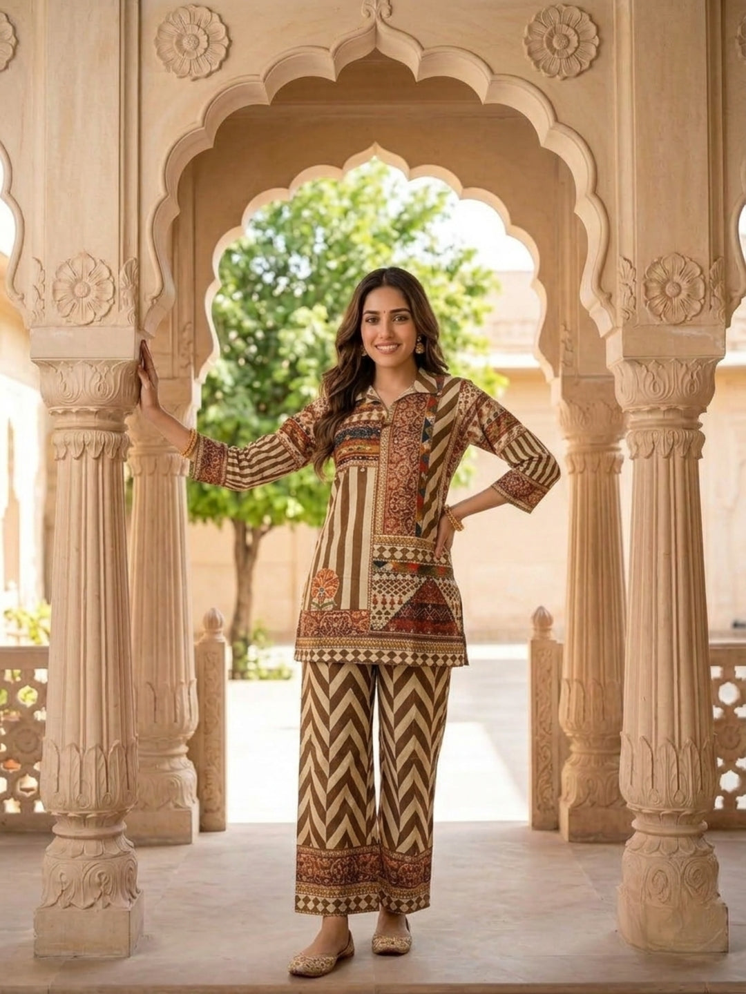 Multi Ethnic Floral Print Modal Silk A-Line Co-ord Set with Sequin Highlights, Shirt Collar & Multi Silk Blend Palazzo