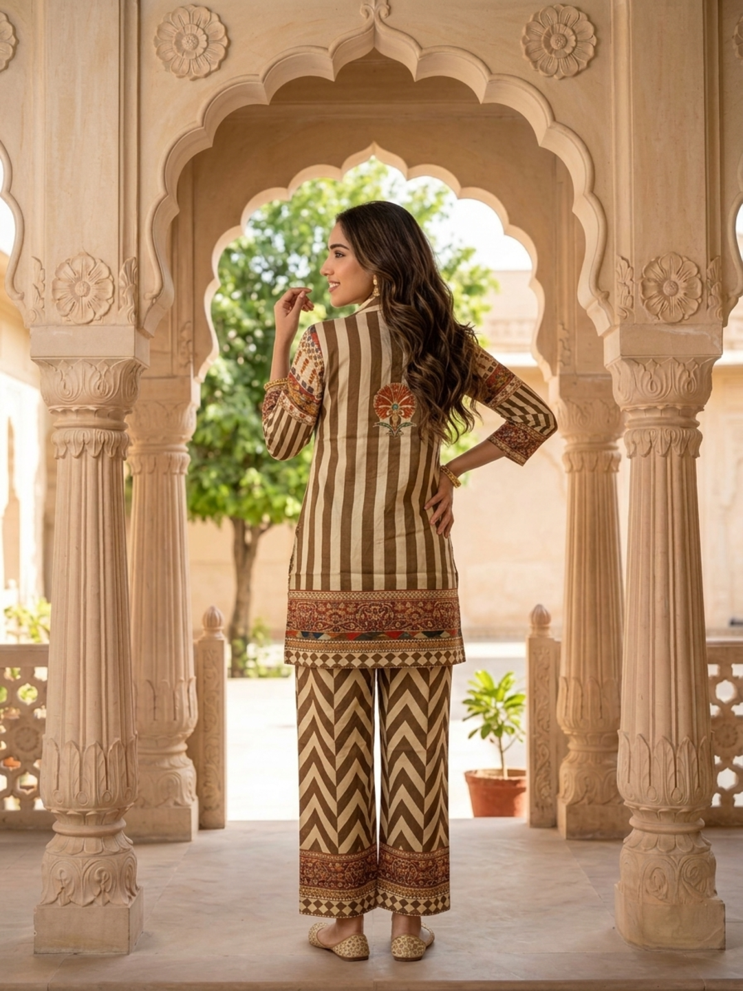 Multi Ethnic Floral Print Modal Silk A-Line Co-ord Set with Sequin Highlights, Shirt Collar & Multi Silk Blend Palazzo