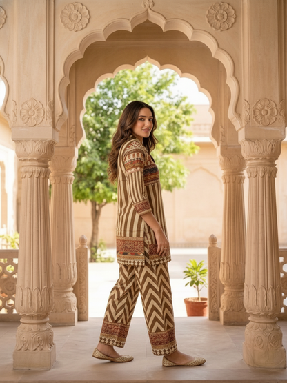 Multi Ethnic Floral Print Modal Silk A-Line Co-ord Set with Sequin Highlights, Shirt Collar & Multi Silk Blend Palazzo