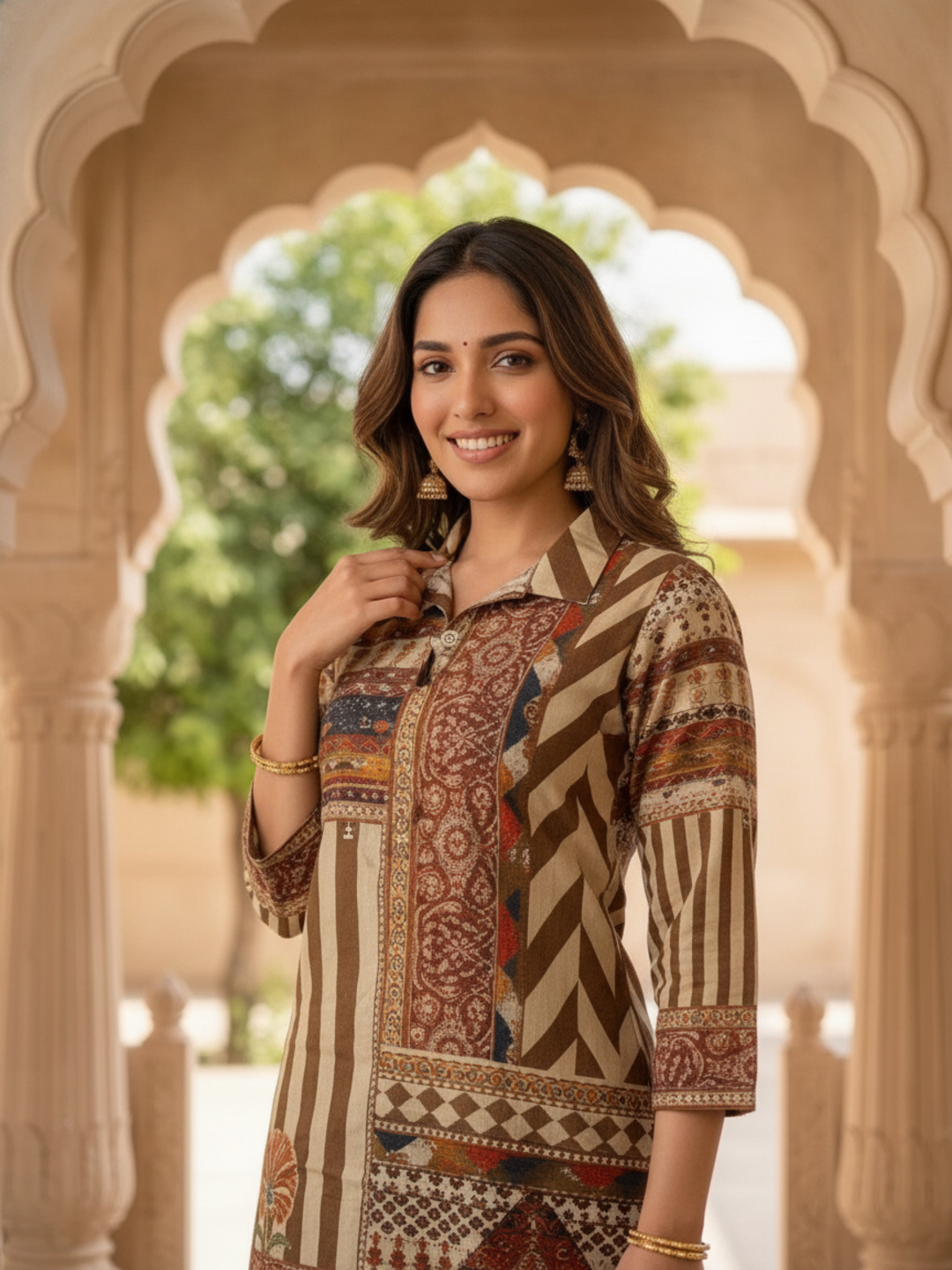Multi Ethnic Floral Print Modal Silk A-Line Co-ord Set with Sequin Highlights, Shirt Collar & Multi Silk Blend Palazzo