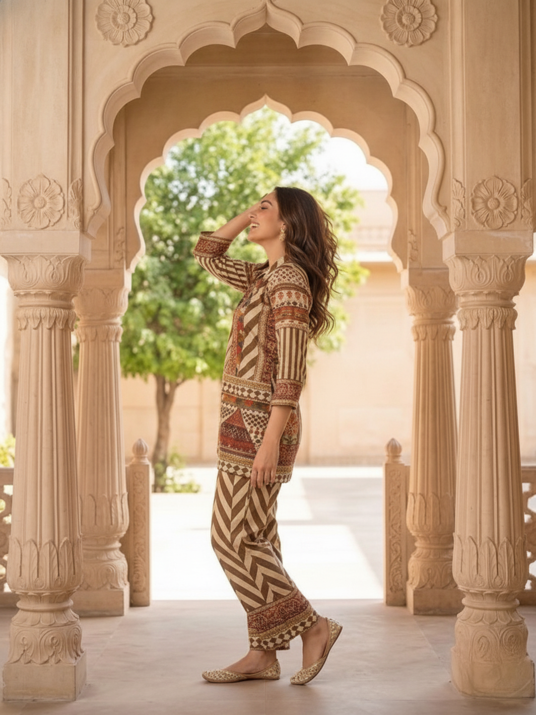 Multi Ethnic Floral Print Modal Silk A-Line Co-ord Set with Sequin Highlights, Shirt Collar & Multi Silk Blend Palazzo