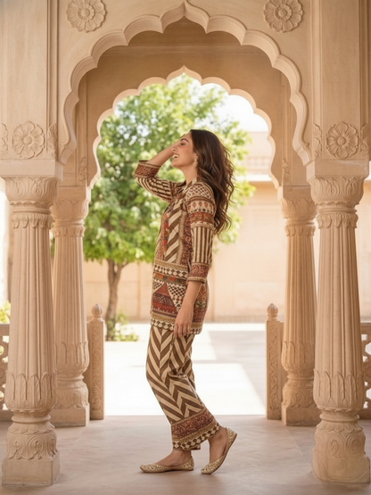 Multi Ethnic Floral Print Modal Silk A-Line Co-ord Set with Sequin Highlights, Shirt Collar & Multi Silk Blend Palazzo