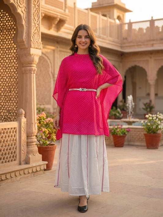Rani Pink Leheriya Printed Georgette Kaftan Kurta with White Cotton Blend Palazzo & Solid Inner