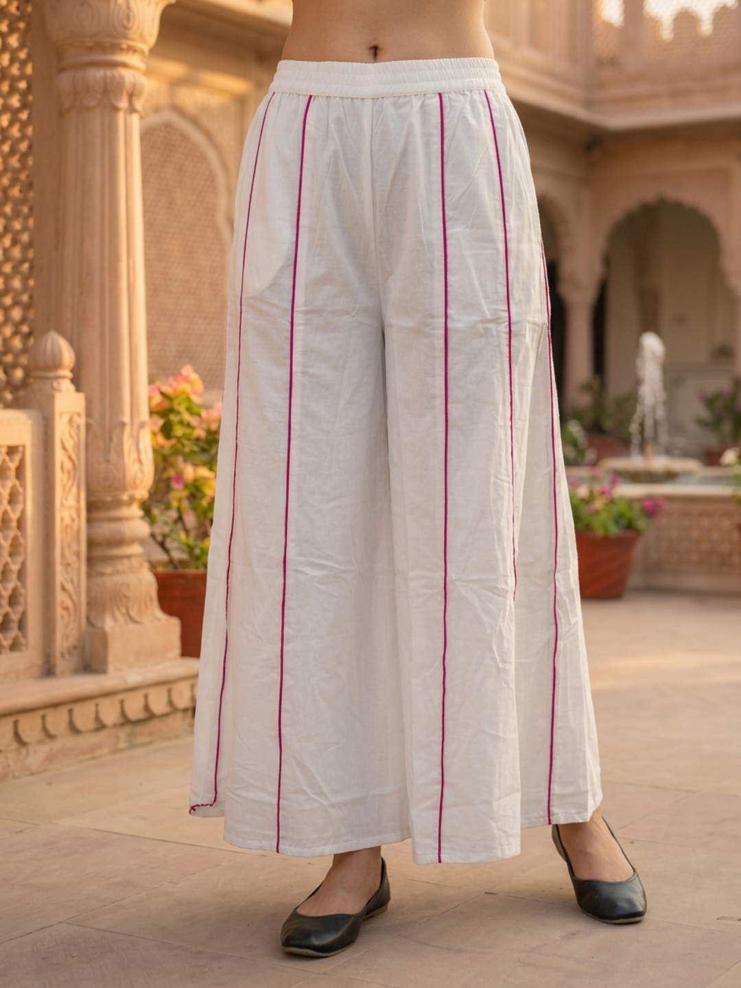 Rani Pink Leheriya Printed Georgette Kaftan Kurta with White Cotton Blend Palazzo & Solid Inner