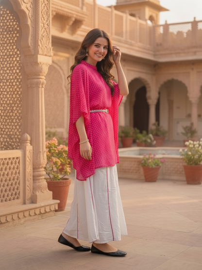 Rani Pink Leheriya Printed Georgette Kaftan Kurta with White Cotton Blend Palazzo & Solid Inner