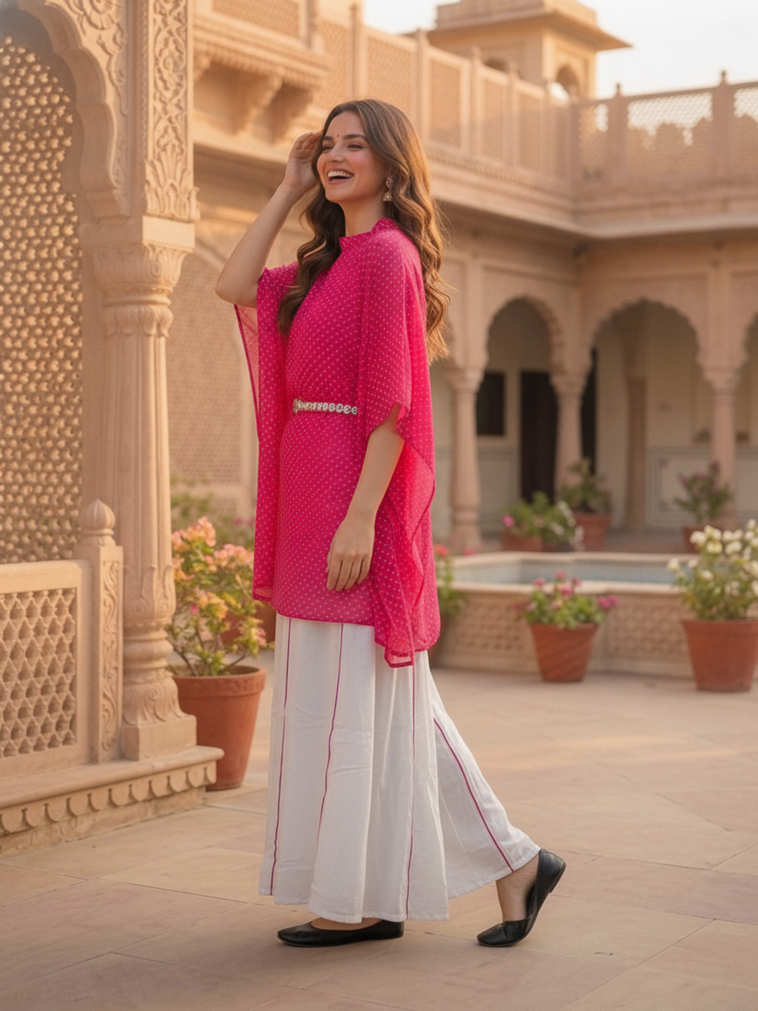Rani Pink Leheriya Printed Georgette Kaftan Kurta with White Cotton Blend Palazzo & Solid Inner