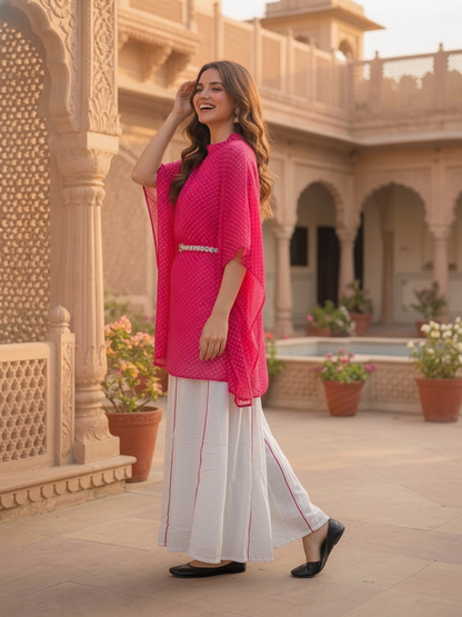 Rani Pink Leheriya Printed Georgette Kaftan Kurta with White Cotton Blend Palazzo & Solid Inner