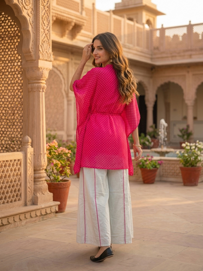 Rani Pink Leheriya Printed Georgette Kaftan Kurta with White Cotton Blend Palazzo & Solid Inner