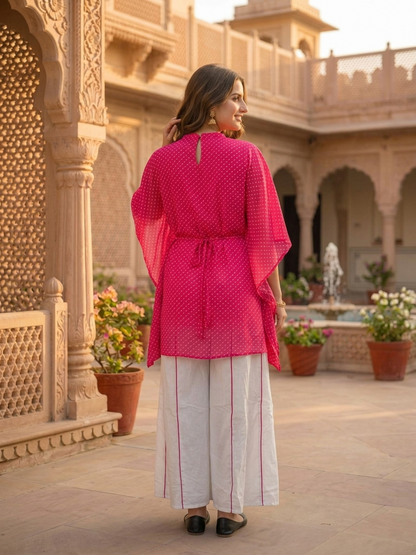 Rani Pink Leheriya Printed Georgette Kaftan Kurta with White Cotton Blend Palazzo & Solid Inner