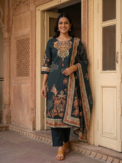 Black Floral Printed Cotton Straight Kurta Set with Mirror Work, Round Neck, Pant & Printed Pure Cotton Dupatta