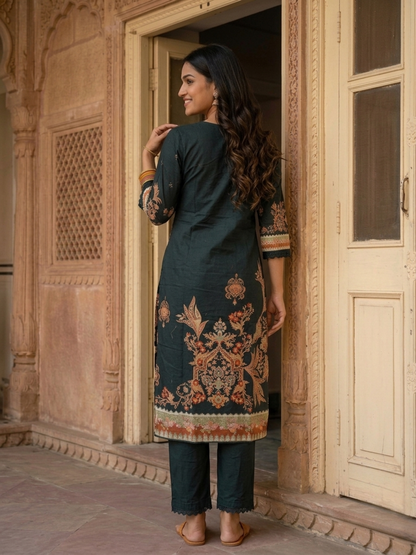 Black Floral Printed Cotton Straight Kurta Set with Mirror Work, Round Neck, Pant & Printed Pure Cotton Dupatta