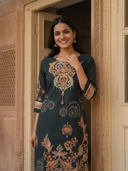 Black Floral Printed Cotton Straight Kurta Set with Mirror Work, Round Neck, Pant & Printed Pure Cotton Dupatta