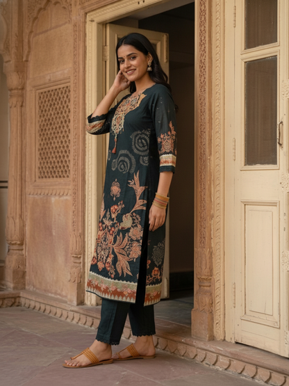 Black Floral Printed Cotton Straight Kurta Set with Mirror Work, Round Neck, Pant & Printed Pure Cotton Dupatta