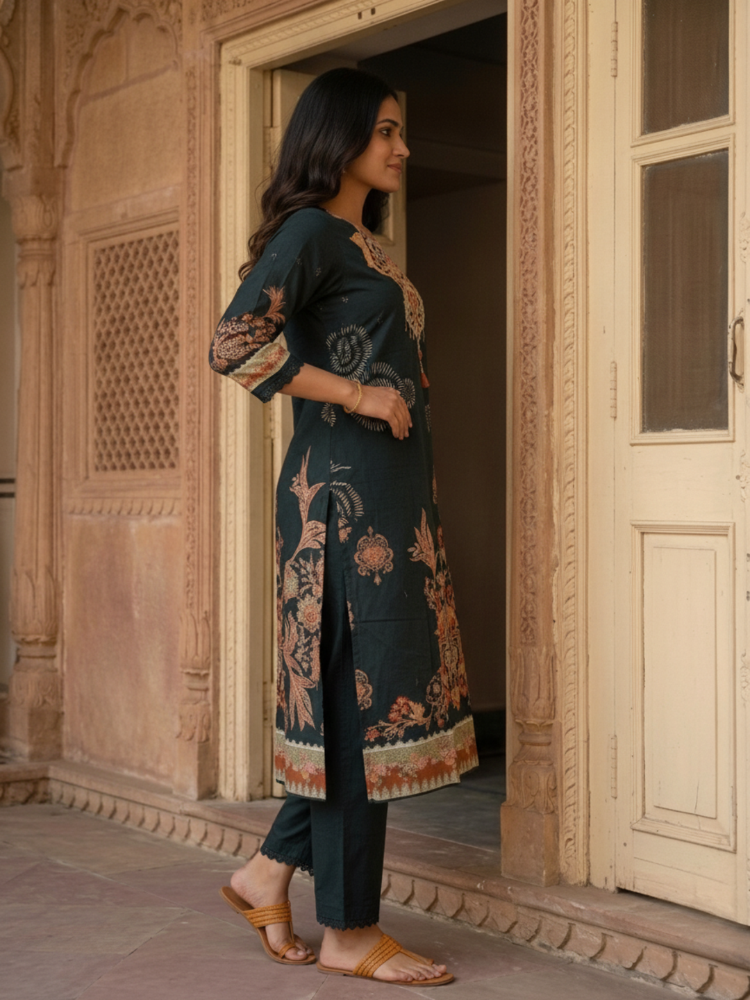 Black Floral Printed Cotton Straight Kurta Set with Mirror Work, Round Neck, Pant & Printed Pure Cotton Dupatta