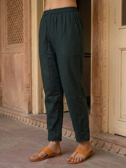 Black Floral Printed Cotton Straight Kurta Set with Mirror Work, Round Neck, Pant & Printed Pure Cotton Dupatta